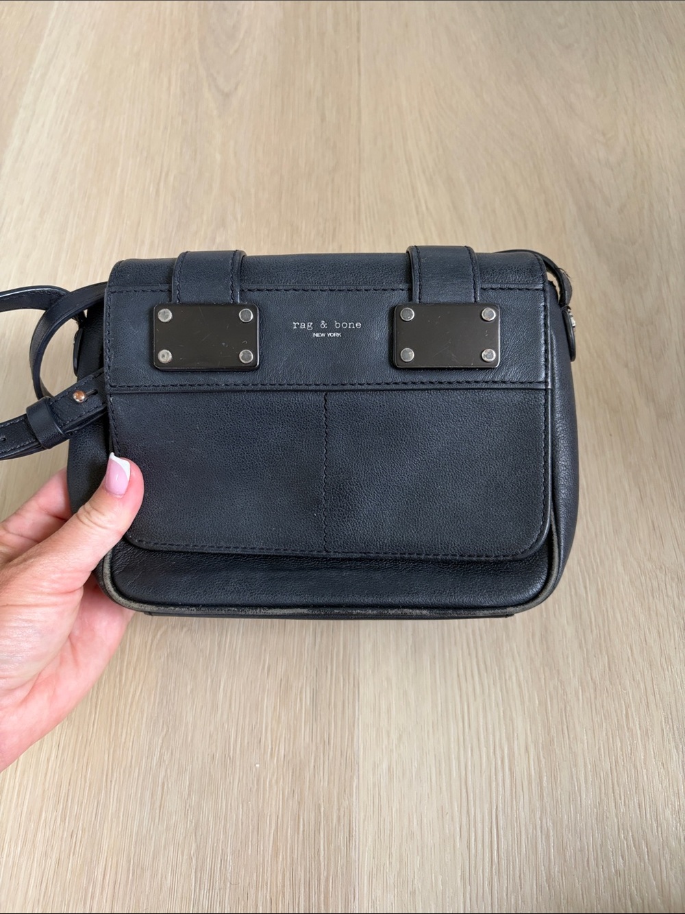 rag & bone Black Leather Messenger Bag with Metal Plate Accents